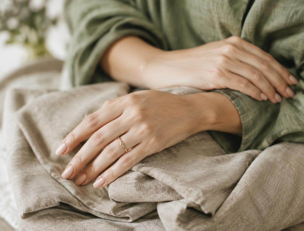 Gros plan sur des mains douces posées sur du lin